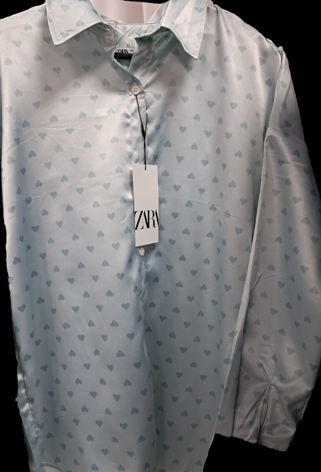 Zara Kadın Saten Gömlek S - Mavi Kalp Desenli